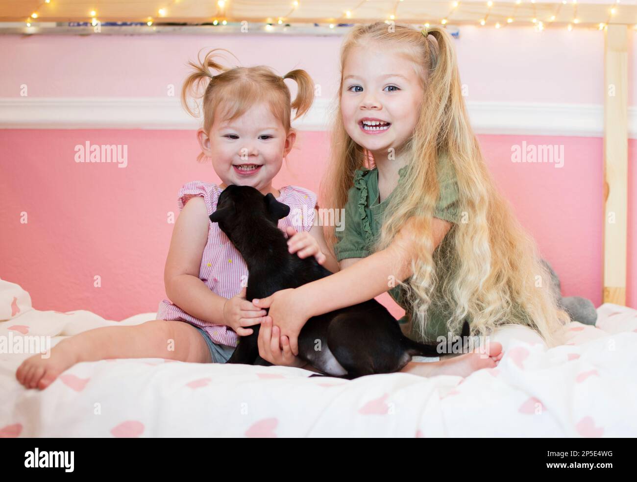 Two kids playing with a puppy. Children with a pet. Happy girls holding a dog Stock Photo