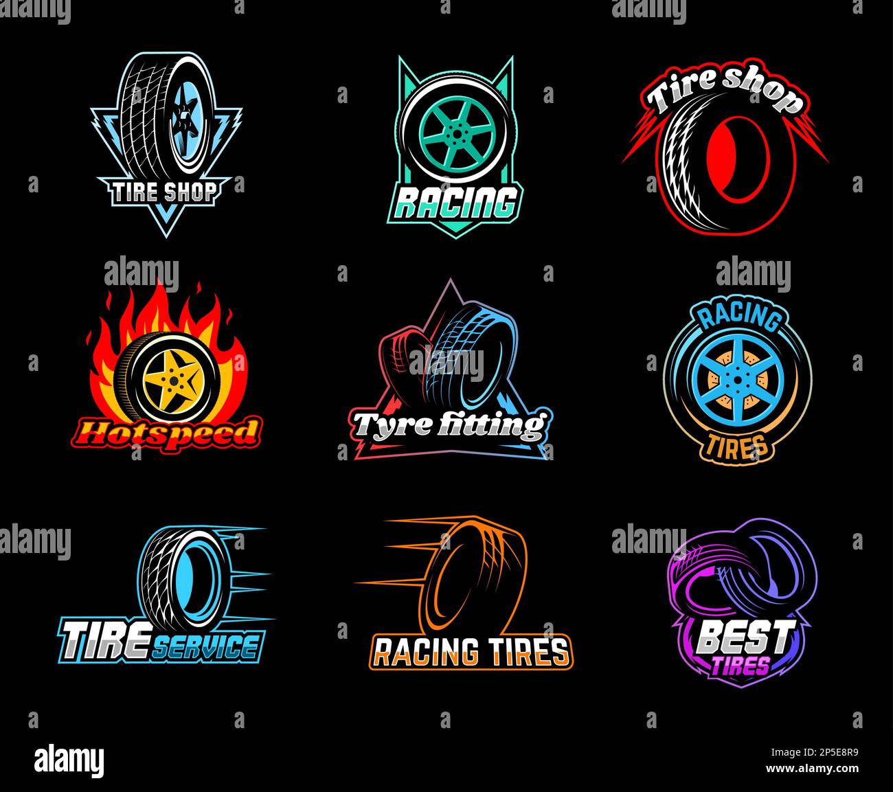 Tire or tyre icons, auto sport and race car wheels shop, automotive