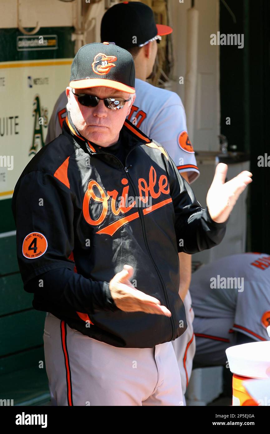 Baltimore Orioles manager Buck Showalter (26) during an MLB baseball game  between the Baltimore Orioles and the Oakland Athletics Sunday April 28,  2013 at The Oakland Alameda County Coliseum Oakland Ca. The