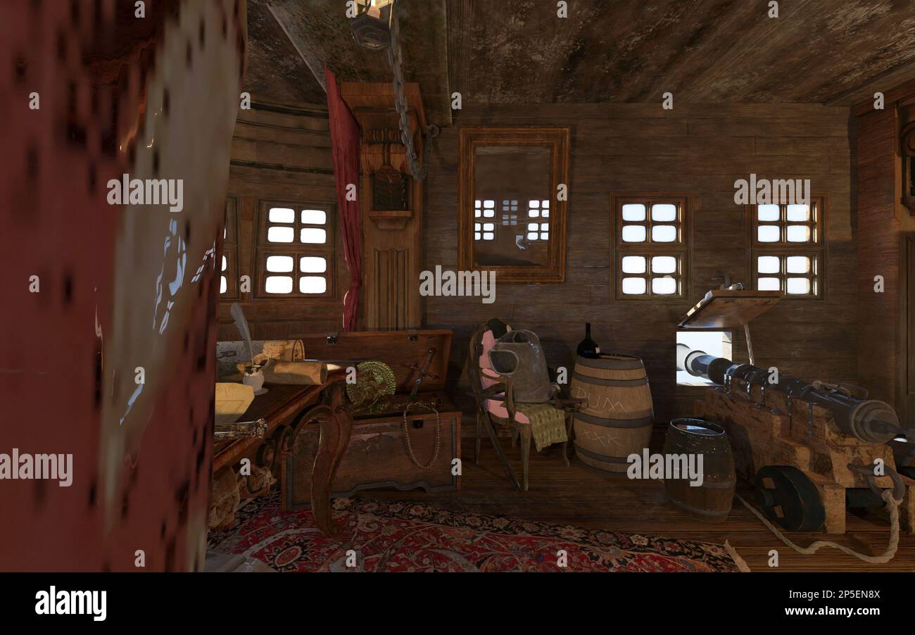 3D illustration old pirate ship cabin interior Stock Photo - Alamy