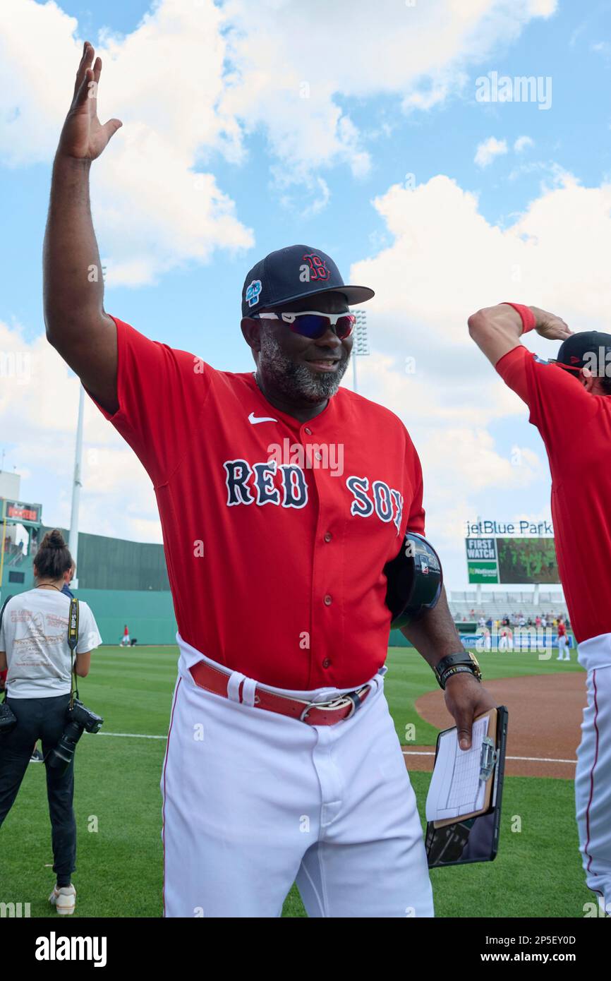 Boston Red Sox third base coach Carlos Febles (53) before a spring training  baseball game against the Miami Marlins on March 5, 2023 at JetBlue Park in  Fort Myers, Florida. (Mike Janes/Four