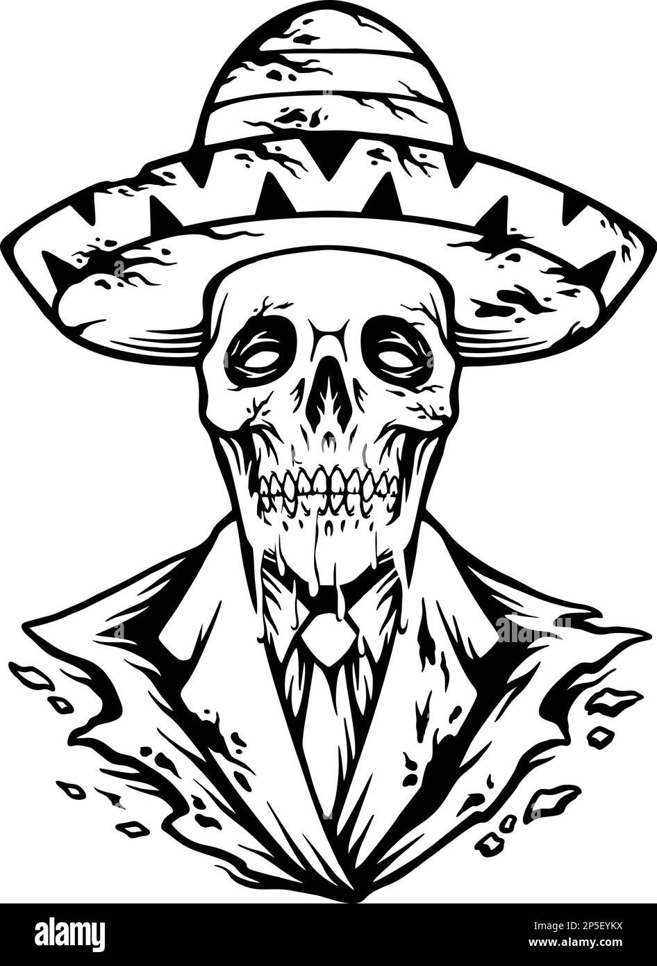 Mexican muertos sugar skull sombrero hat monochrome vector illustrations for your work logo, merchandise t-shirt, stickers and label designs, poster, Stock Vector