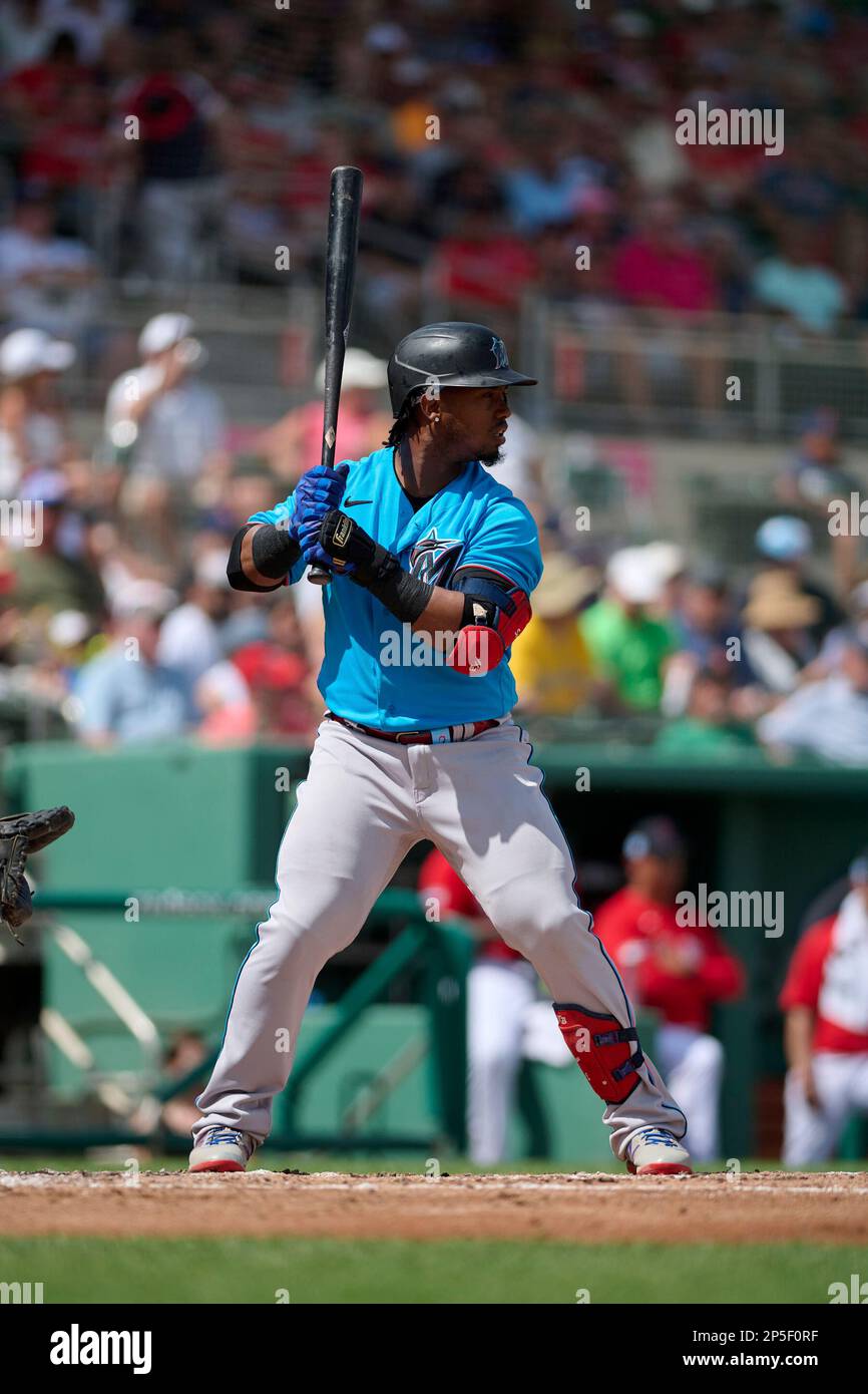 Miami Marlins Jean Segura (9) bats during a spring training baseball game  against the Boston Red Sox on March 5, 2023 at JetBlue Park in Fort Myers,  Florida. (Mike Janes/Four Seam Images