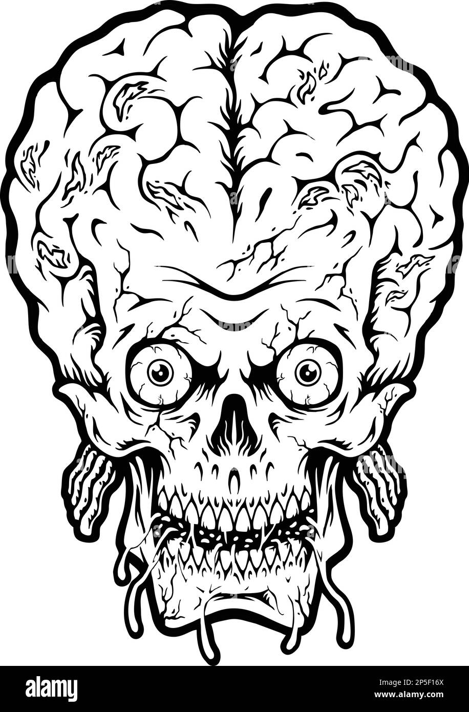 Monster zombie head skull brain black and white vector
