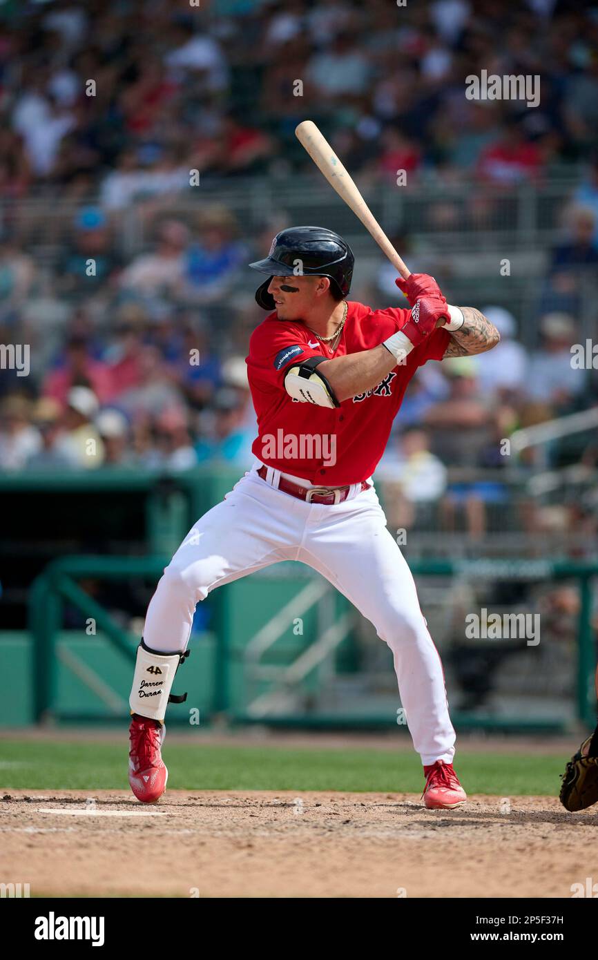 Boston Red Sox Jarren Duran (16) bats during a spring training baseball  game against the Miami Marlins on March 5, 2023 at JetBlue Park in Fort  Myers, Florida. (Mike Janes/Four Seam Images