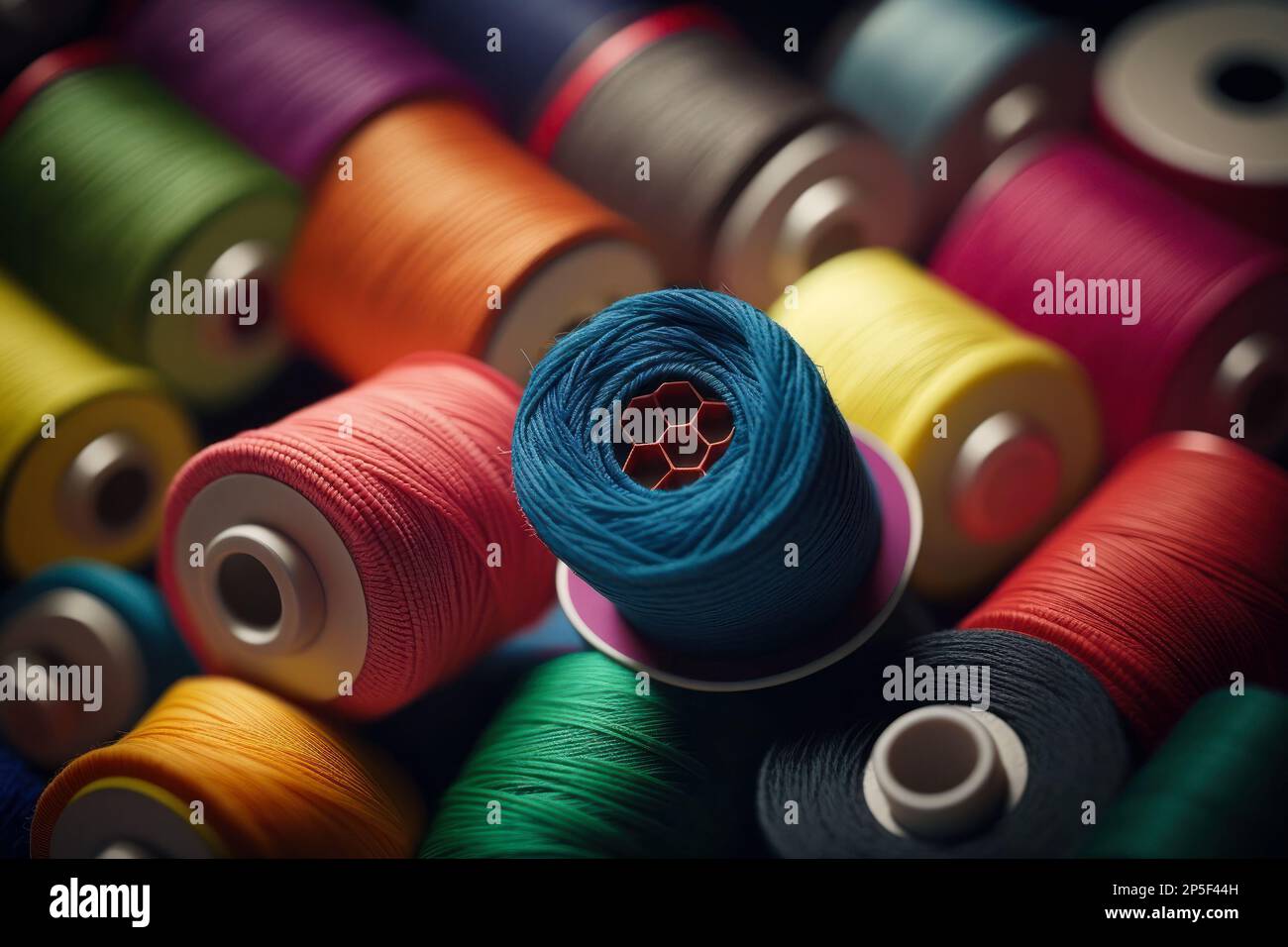 Different colorful sewing threads on wooden table, closeup Stock Photo