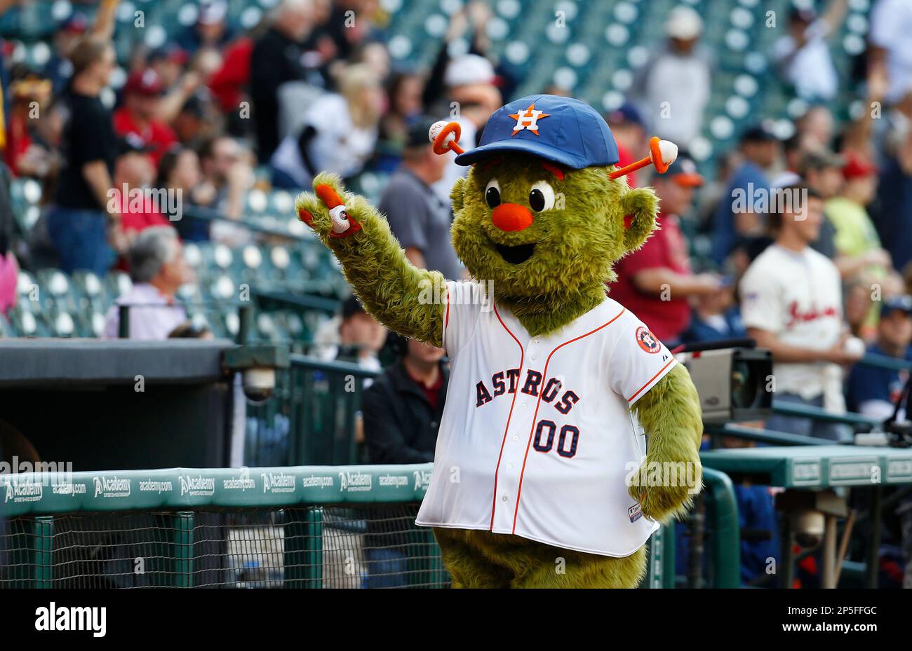 Houston Astros mascot Orbit entertains the crowd prior to an MLB baseball  game between the Los Angeles Angels of Anaheim against the Houston Astros  at Minute Maid Park on Friday April 4