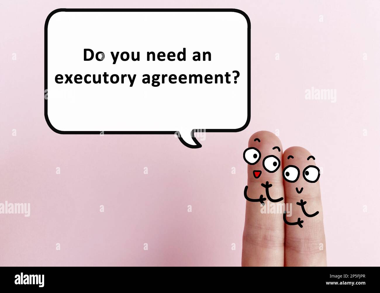 Two fingers are decorated as two person. They are discussing about agreement. One of them is asking another if he needs executory agreement. Stock Photo