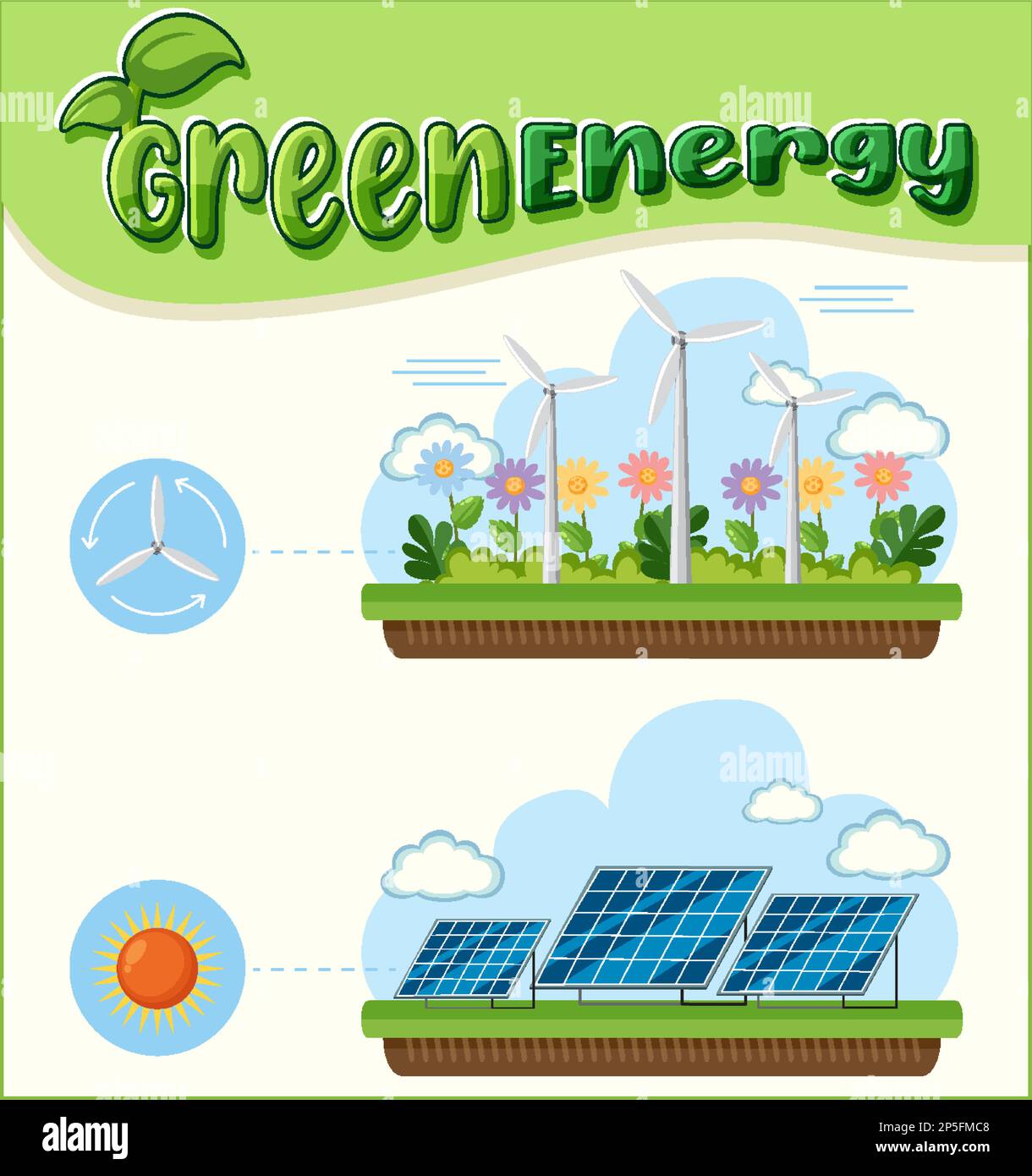 Green energy concept with solar panels and wind turbines illustration ...
