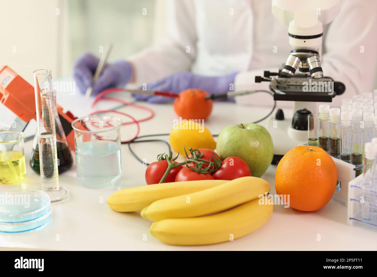 Fruits and vegetables with scientific equipment in laboratory