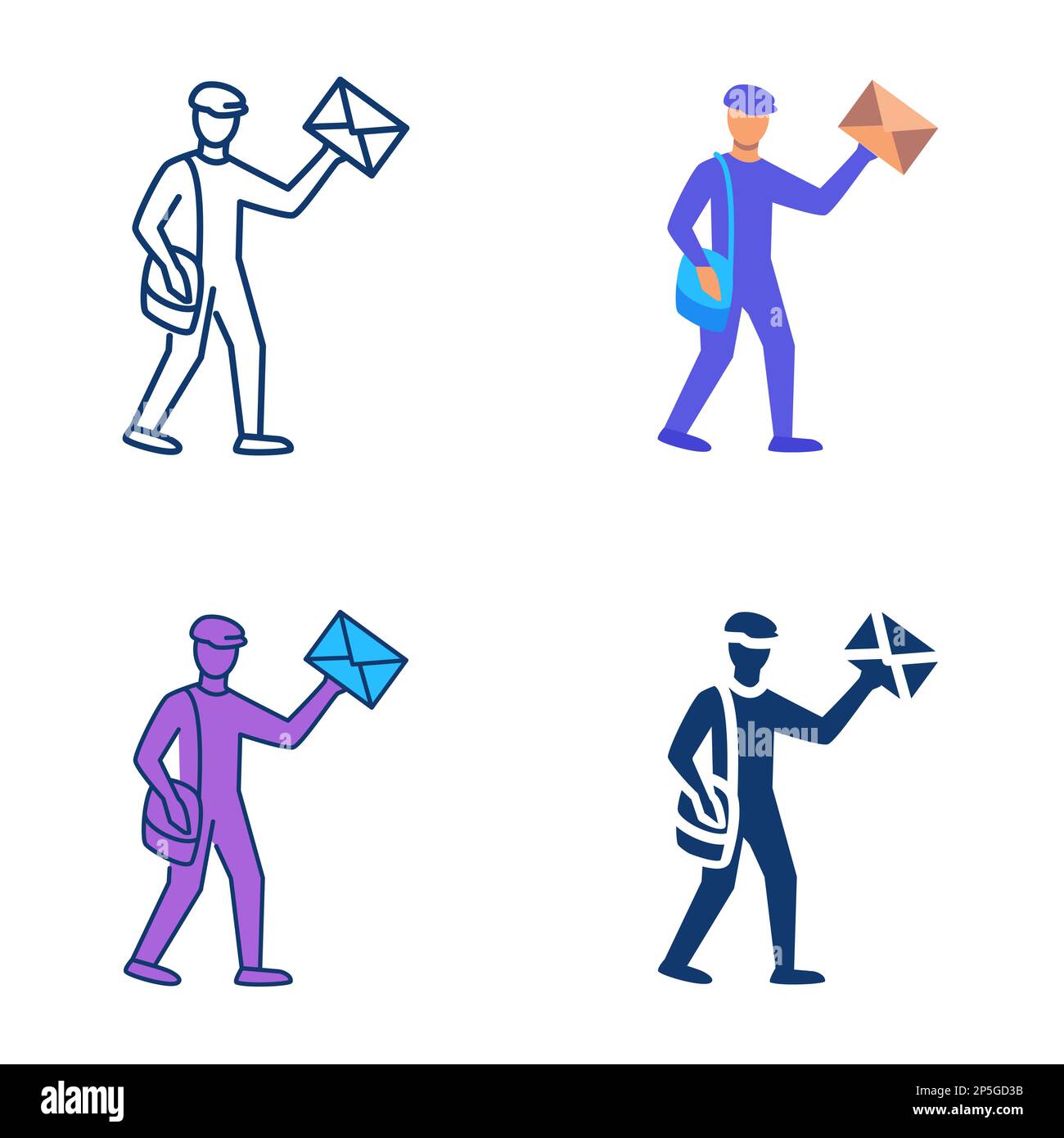Postman with letter icon set in flat and line style. Mail carrier ...