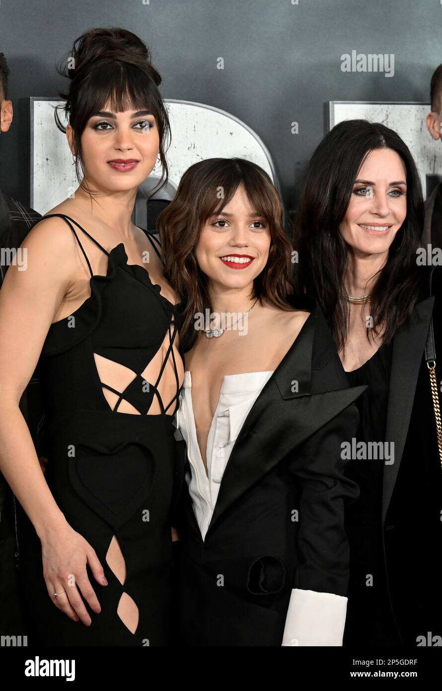 Melissa Barrera, left, Jenna Ortega and Courteney Cox attend the world ...