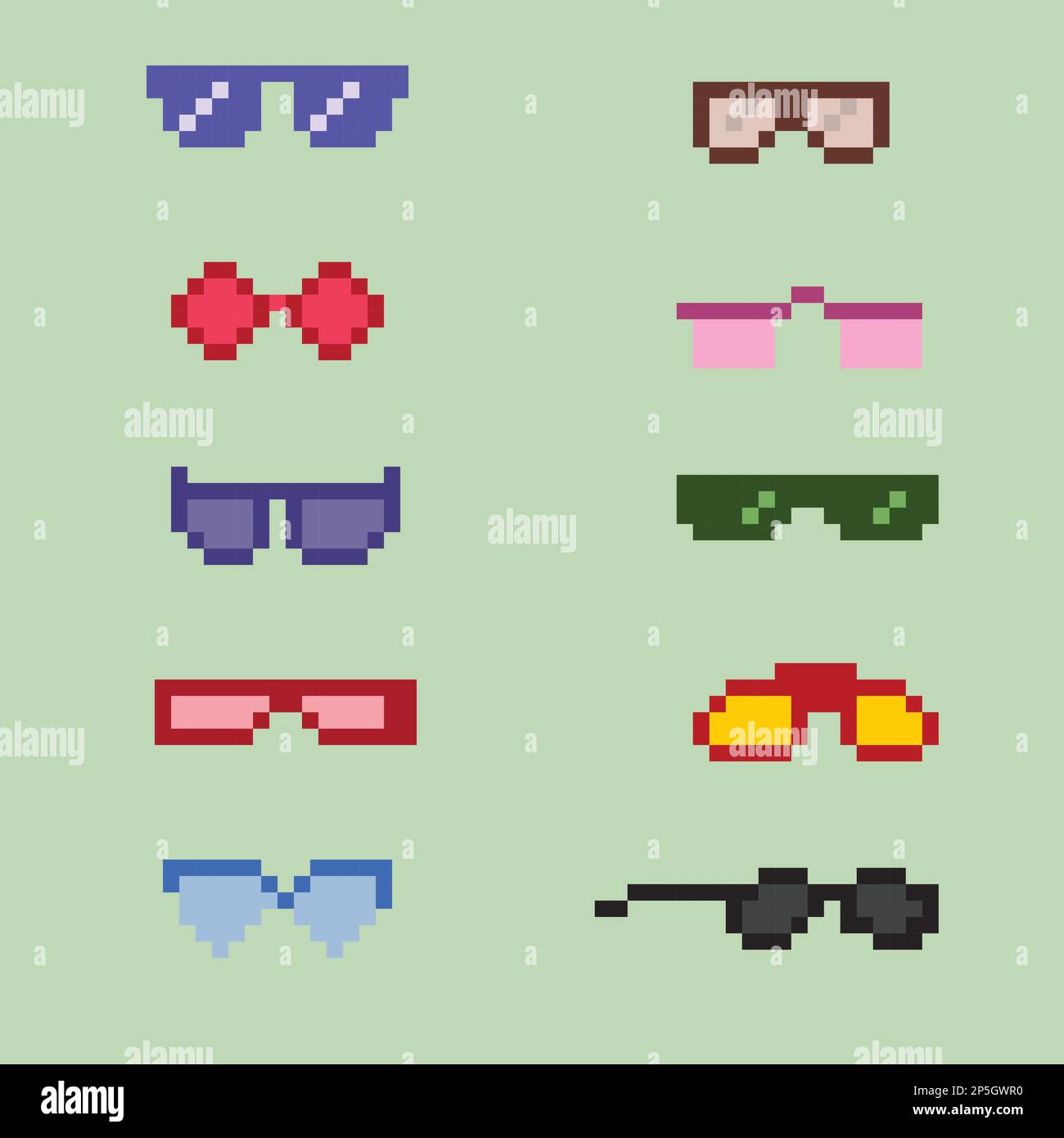 Pixelart eyeglass frame or sunglasses with pixelated glasses. Pixel art set of glasses and sunglasses. 8-bit pixel art vector, isolated on solid Stock Vector