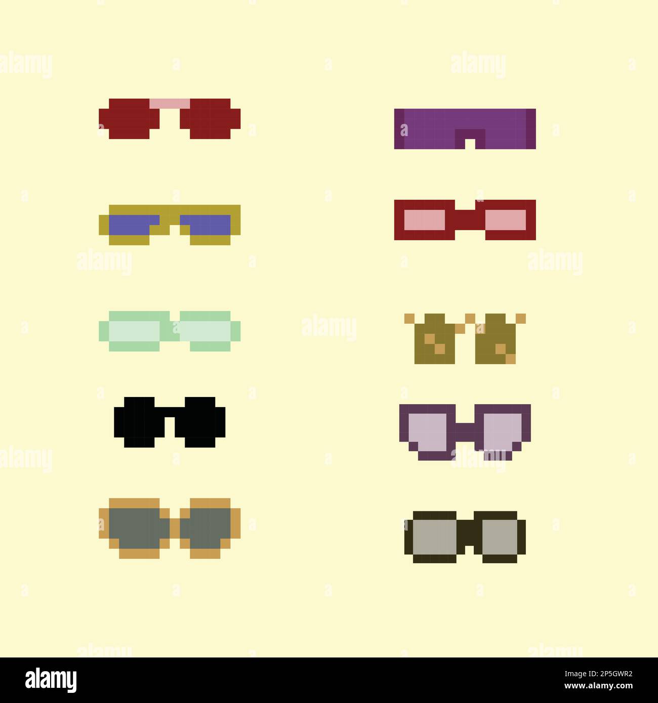 Pixelart eyeglass frame or sunglasses with pixelated glasses. Pixel art set of glasses and sunglasses. 8-bit pixel art vector, isolated on solid Stock Vector