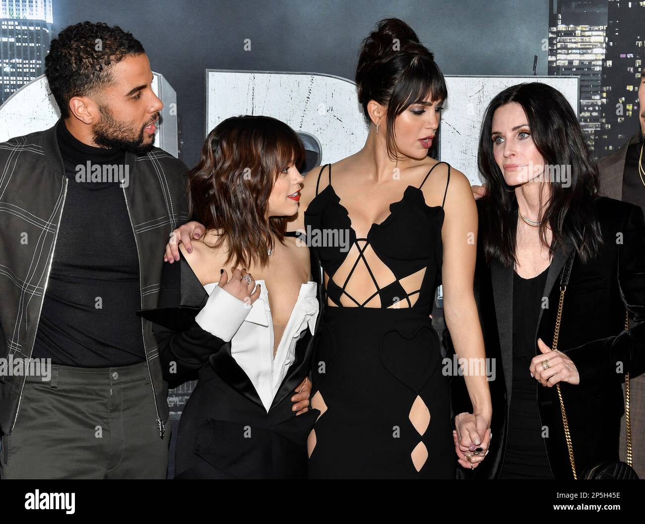 Mason Gooding, left, Jenna Ortega, Melissa Barrera and Courteney Cox ...