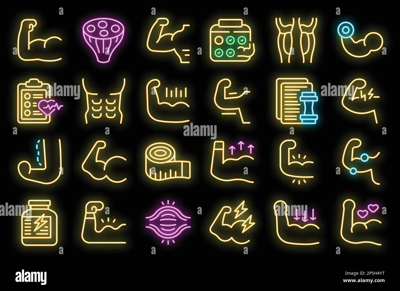 Muscle icons set outline vector. Fiber tissue. Muscular body neon color on black Stock Vector