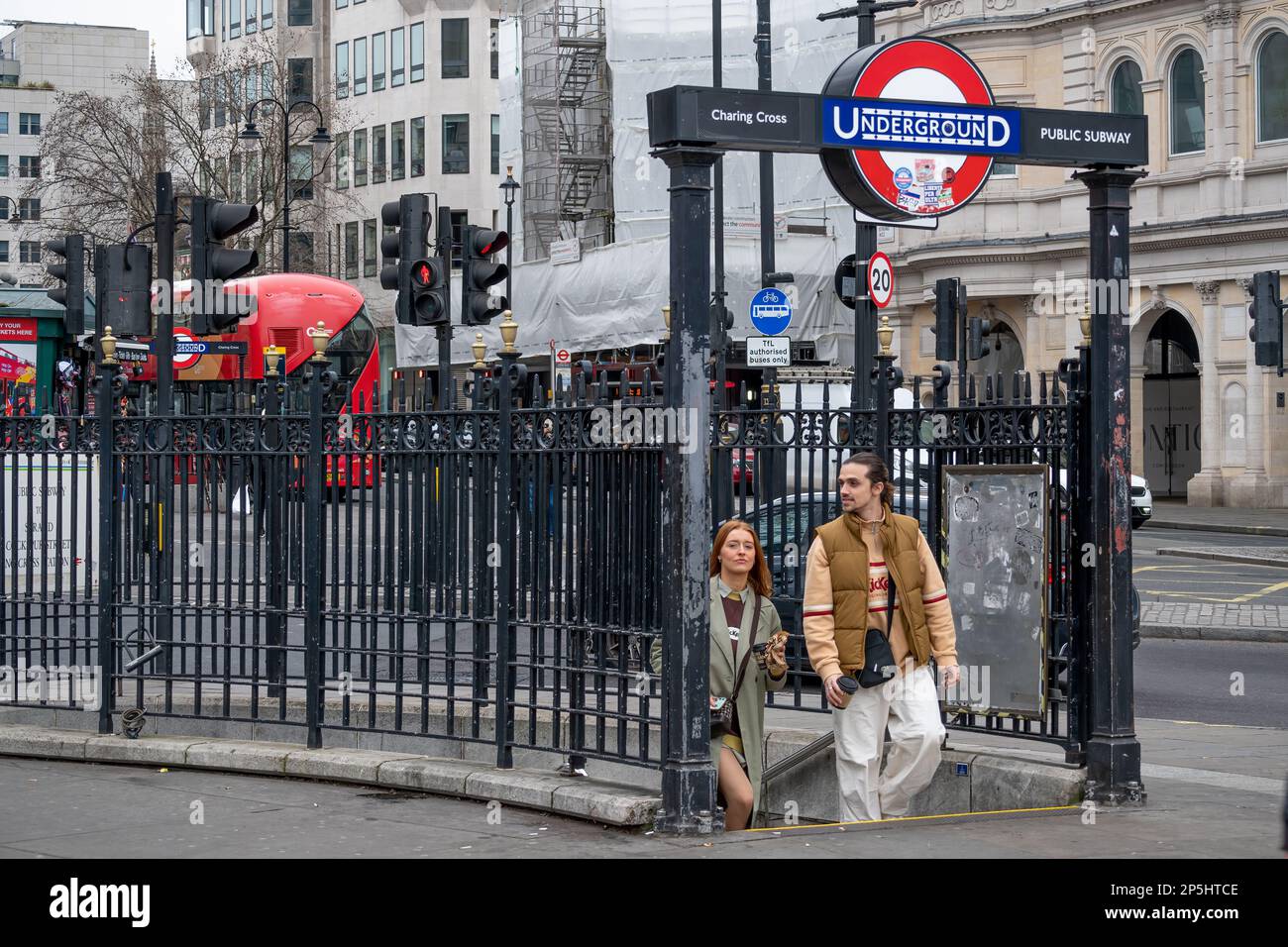 Tube station entrance. Public transport subway next to the Trafalgar