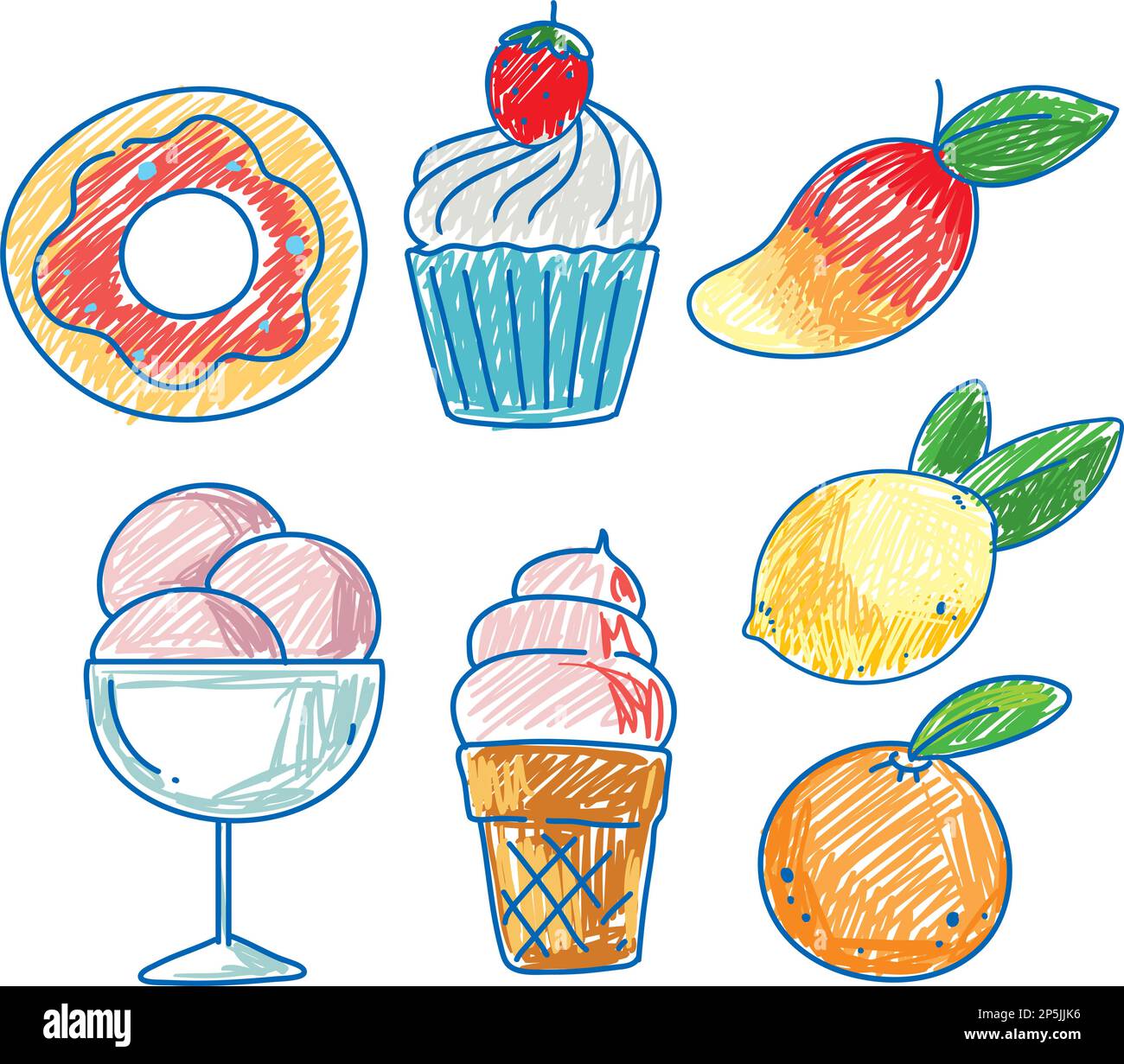 Simple children scribble of fruit and sweets illustration Stock Vector