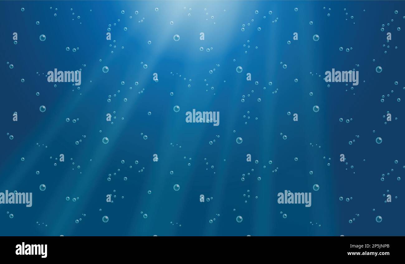 Underwater background with water bubbles and undersea light rays shine ...