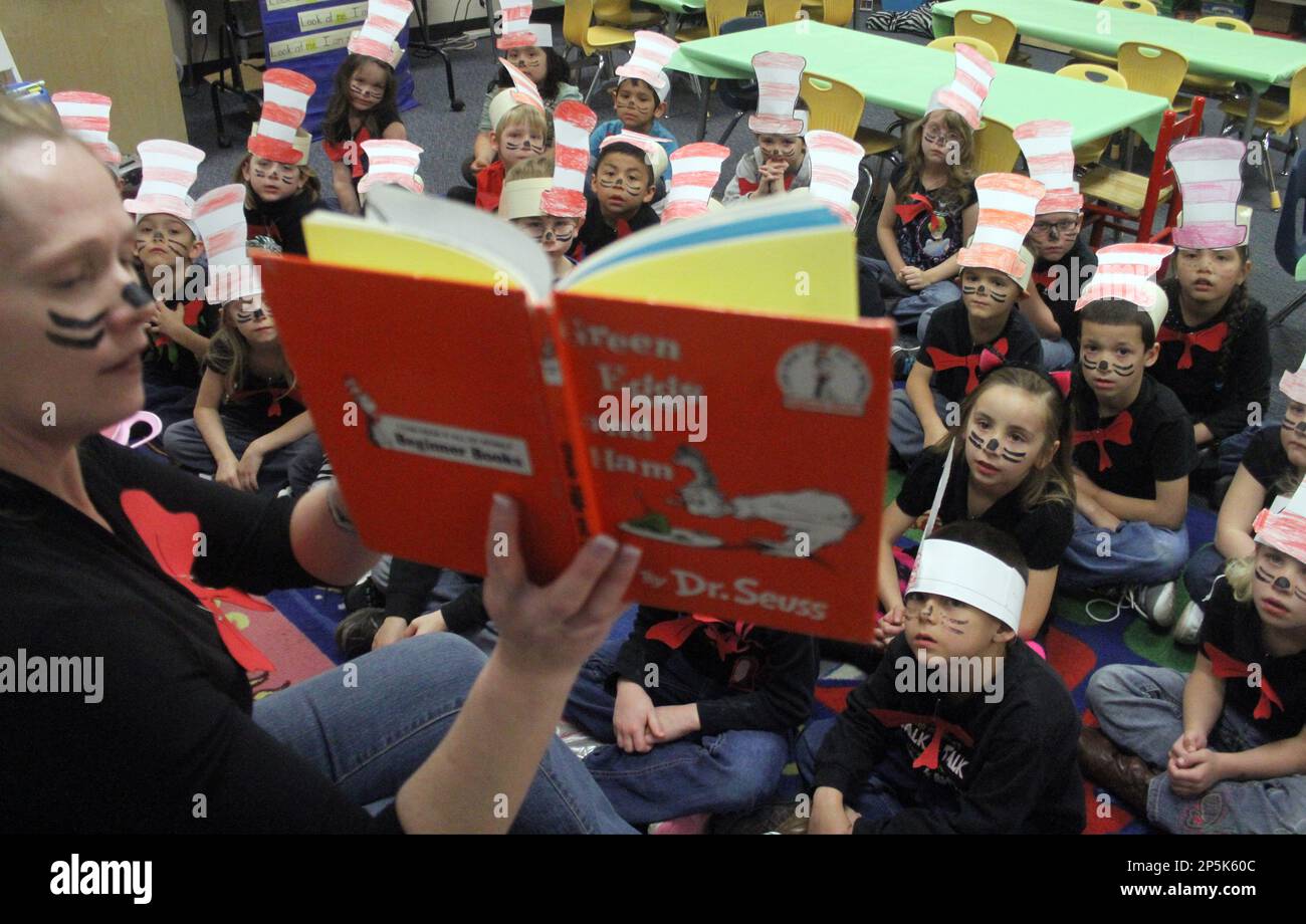 Kindergardeners listen as Michelle Jordan reads Dr. Seuss' 'Green Eggs