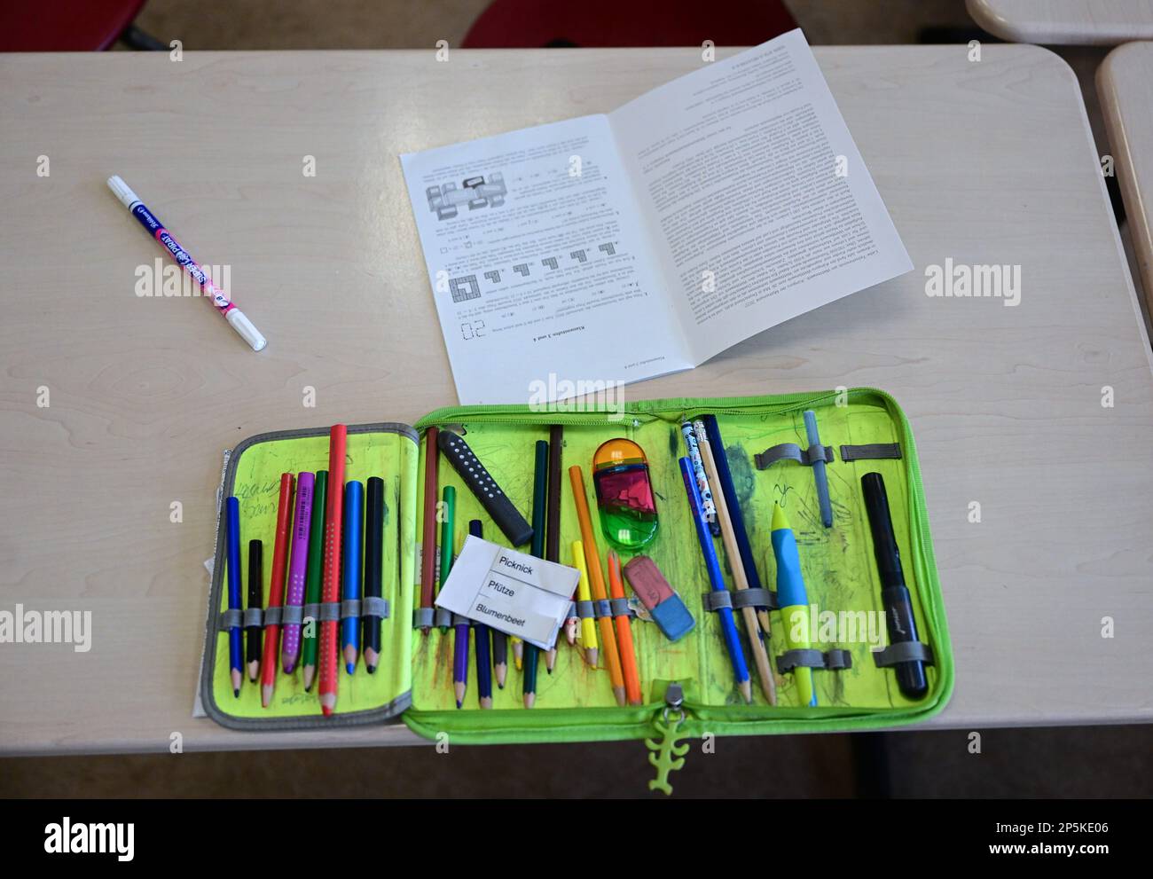 Stuttgart, Germany. 06th Mar, 2023. A schoolchild's pencil case lies in the classroom at an elementary school in Stuttgart. (to dpa: 'Free choice of place in the teachers' room - teacher shortage scares schools') Credit: Bernd Weißbrod/dpa/Alamy Live News Stock Photo