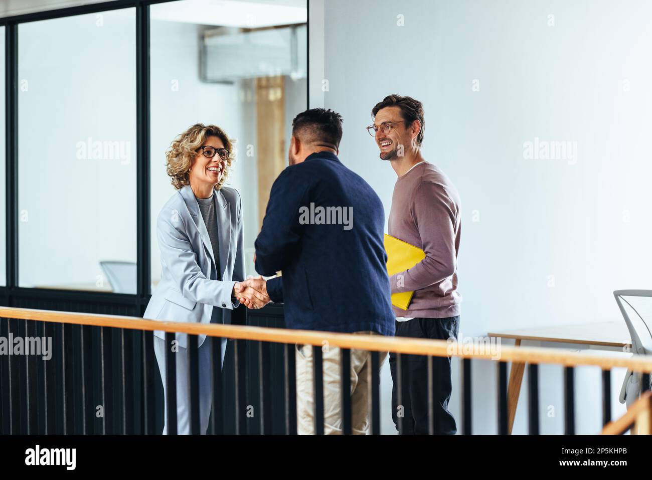 Successful business woman shaking hands with a new client in an office. Professional woman meeting with a potential business partner. Partnership in a Stock Photo