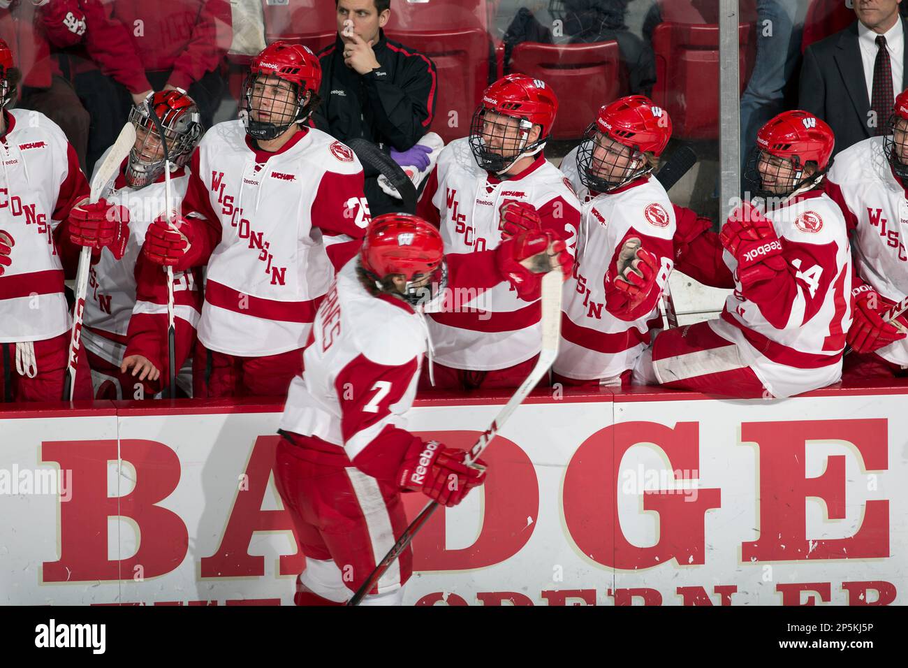 Wisconsin Badgers celebrate a goal during an NCAA men's hockey game