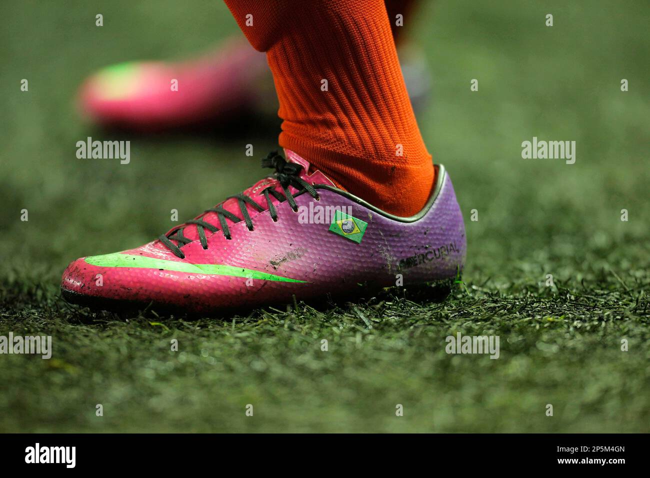 Feb. 11, 2013 - Liverpool, United Kingdom - The boots of Liverpool's new  signing Philippe Coutinho featuring the Brazilian flag - Barclays Premier  League - Liverpool vs West Bromwich Albion - Anfield -
