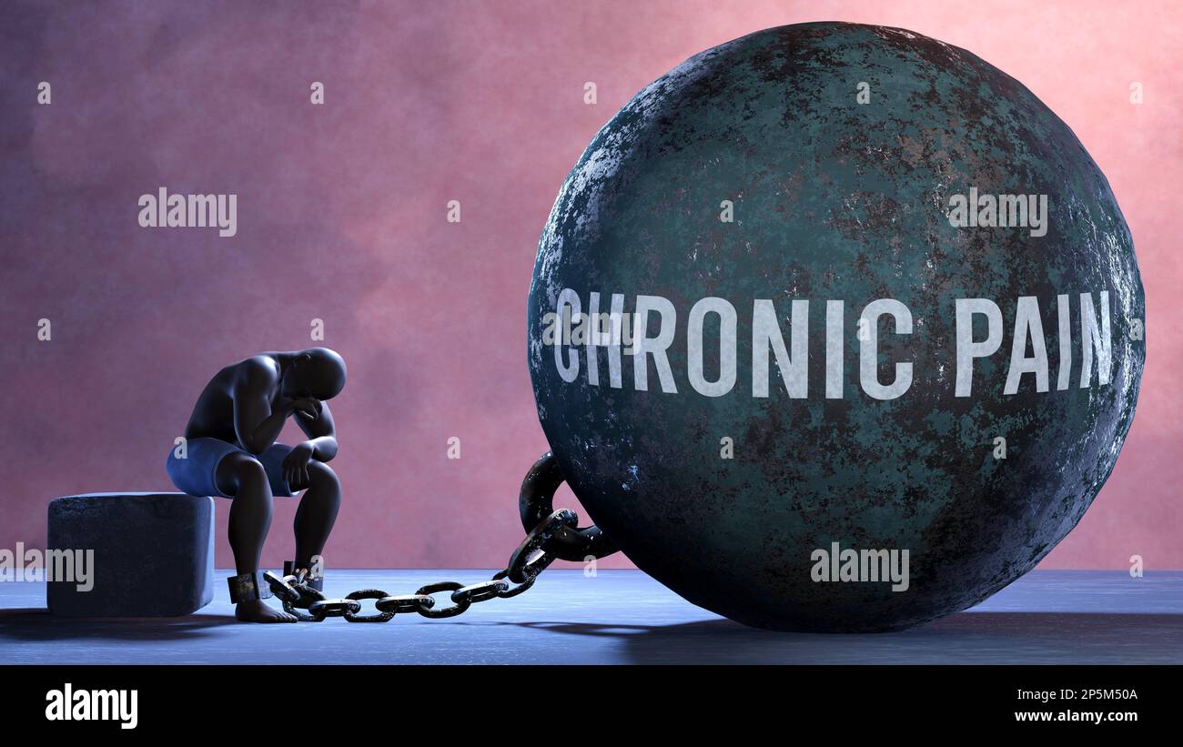 Chronic pain - a gigantic and unmovable weight chained to a vulnerable and suffering person in pain, misery and helplessness. Cold and tragic conditio Stock Photo