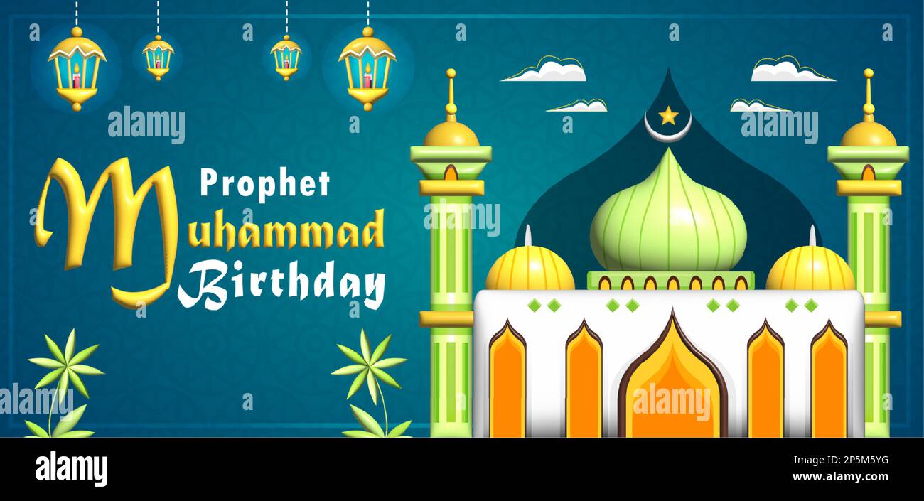 Prophet Muhammad Birthday, 3d illustration majestic green mosque Stock