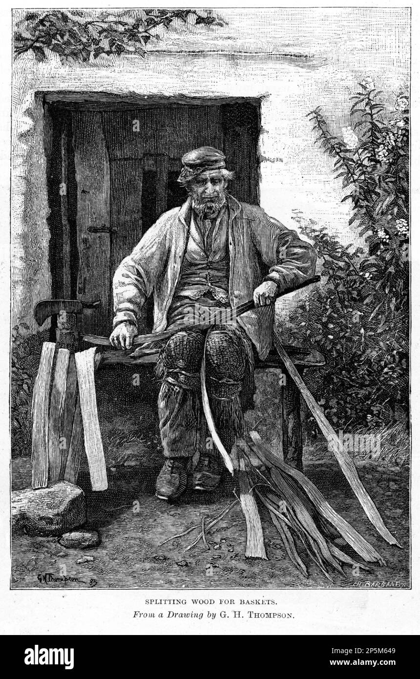 Engraving of a man stripping wood for making baskets, circa 1880 Stock Photo