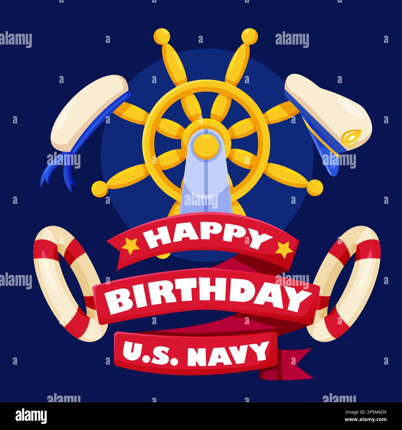 Happy Birthday U.S. Navy, ship's rudder and sailor's hat Stock Vector