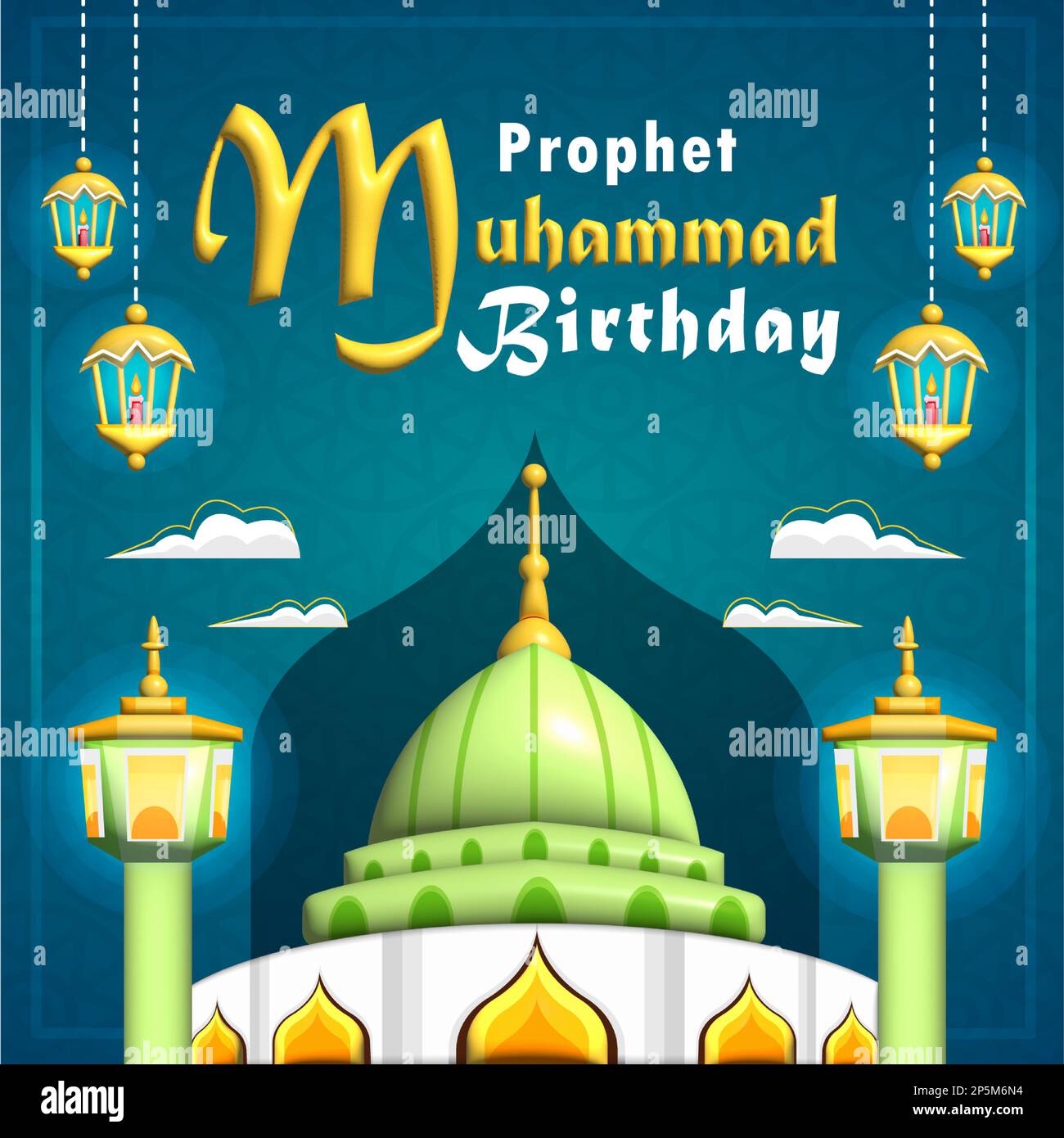 Prophet Muhammad Birthday,3d illustration, glowing green mosque Stock
