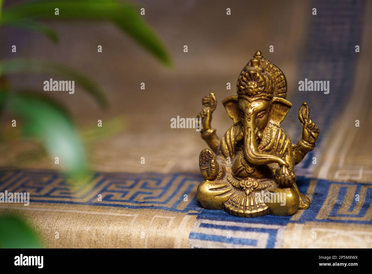 Bronze ganesha statue on a golden rug with a green plant in the foreground Stock Photo
