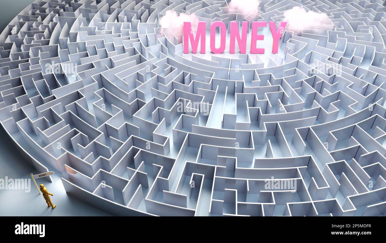 A journey to find Money - going through a confusing maze of obstacles and difficulties to finally reach money. A long and challenging path,3d illustra Stock Photo