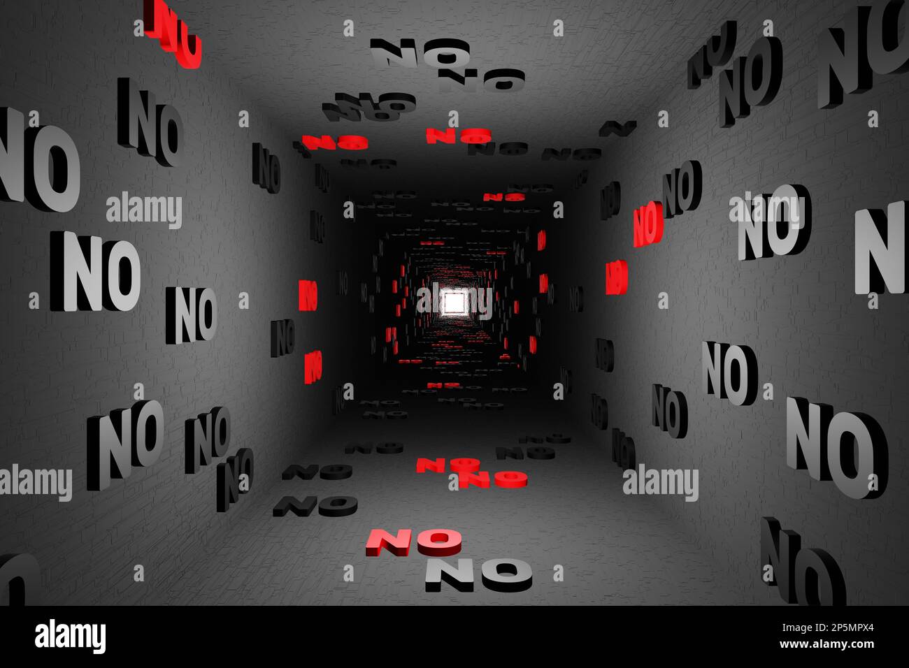No symbol or nope marks in black tunnel background 3d render. Say no or ...