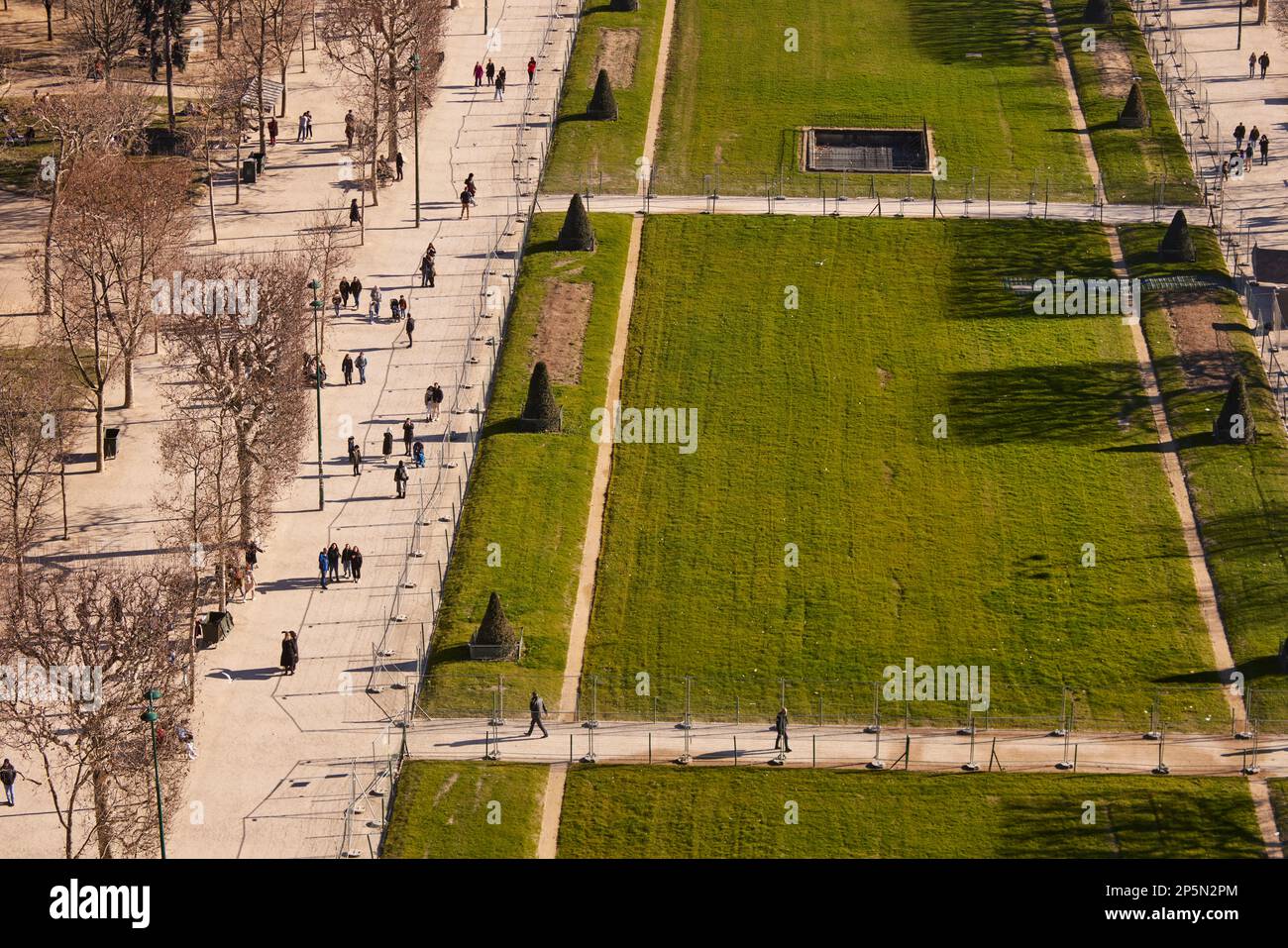 Paris landmark, lawns at Garden of the Eiffel Tower from the Eiffel Tower Stock Photo