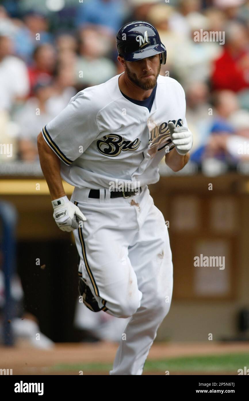 MILWAUKEE, WI - SEPTEMBER 3: Shortstop J.J. Hardy #7 of the Milwaukee  Brewers runs to first base after hitting the baseball against the New York  Mets at the Miller Park on September
