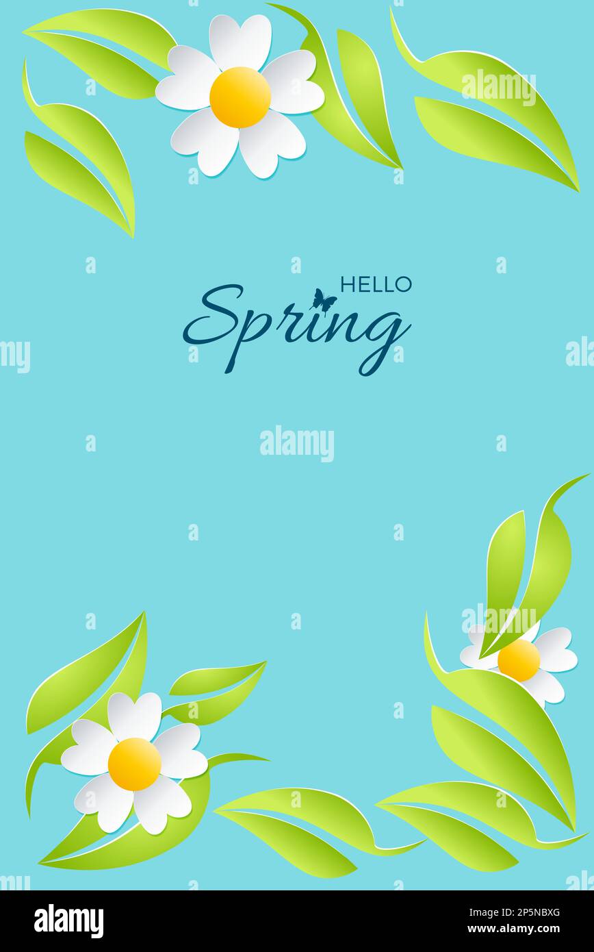 Spring design background. Card for spring season with frame and leaves and flower. Vector vertical illustration for cover or poster Stock Vector