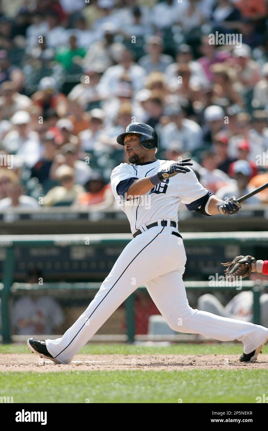 DETROIT, MI- JUNE 26: Designated hitter Gary Sheffield #3 of the Detroit  Tigers follows through on his swing after hitting the baseball against the  St. Louis Cardinals at Comerica Park on June