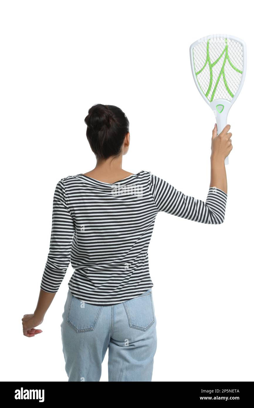 Young woman with electric fly swatter on white background, back view. Insect killer Stock Photo