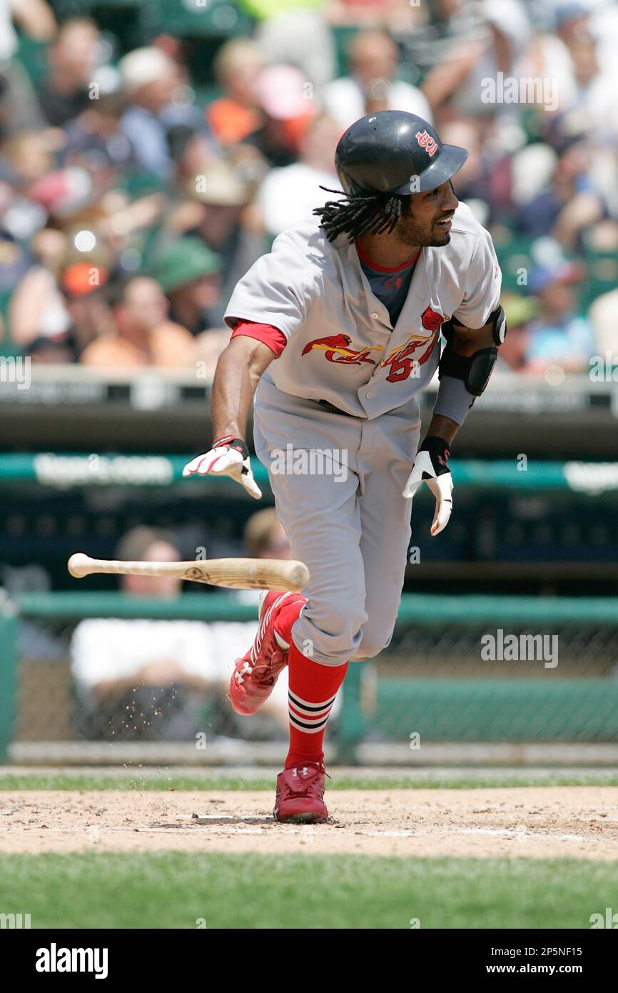 DETROIT, MI- JUNE 26: Outfielder Brian Barton #54 of the St. Louis  Cardinals runs to first base after hitting the baseball against the Detroit  Tigers at Comerica Park on June 26, 2008