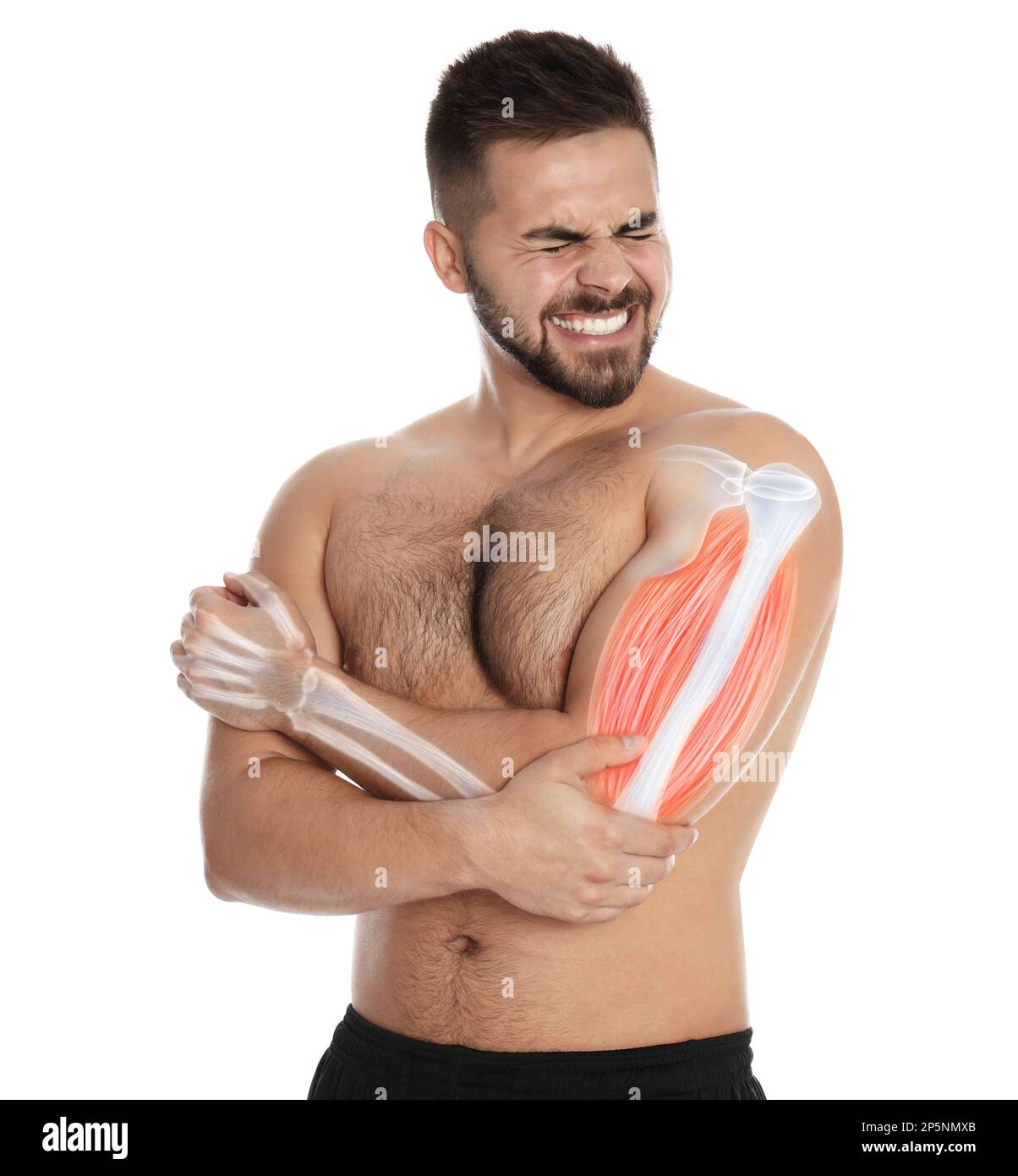 Man having elbow pain on white background. Digital compositing with