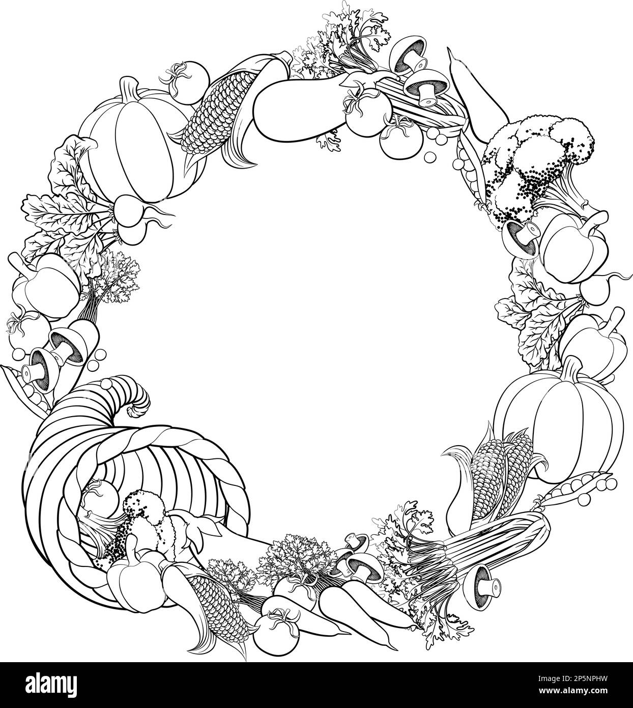 Cornucopia Gold Horn Of Plenty Vegetables Frame Stock Vector