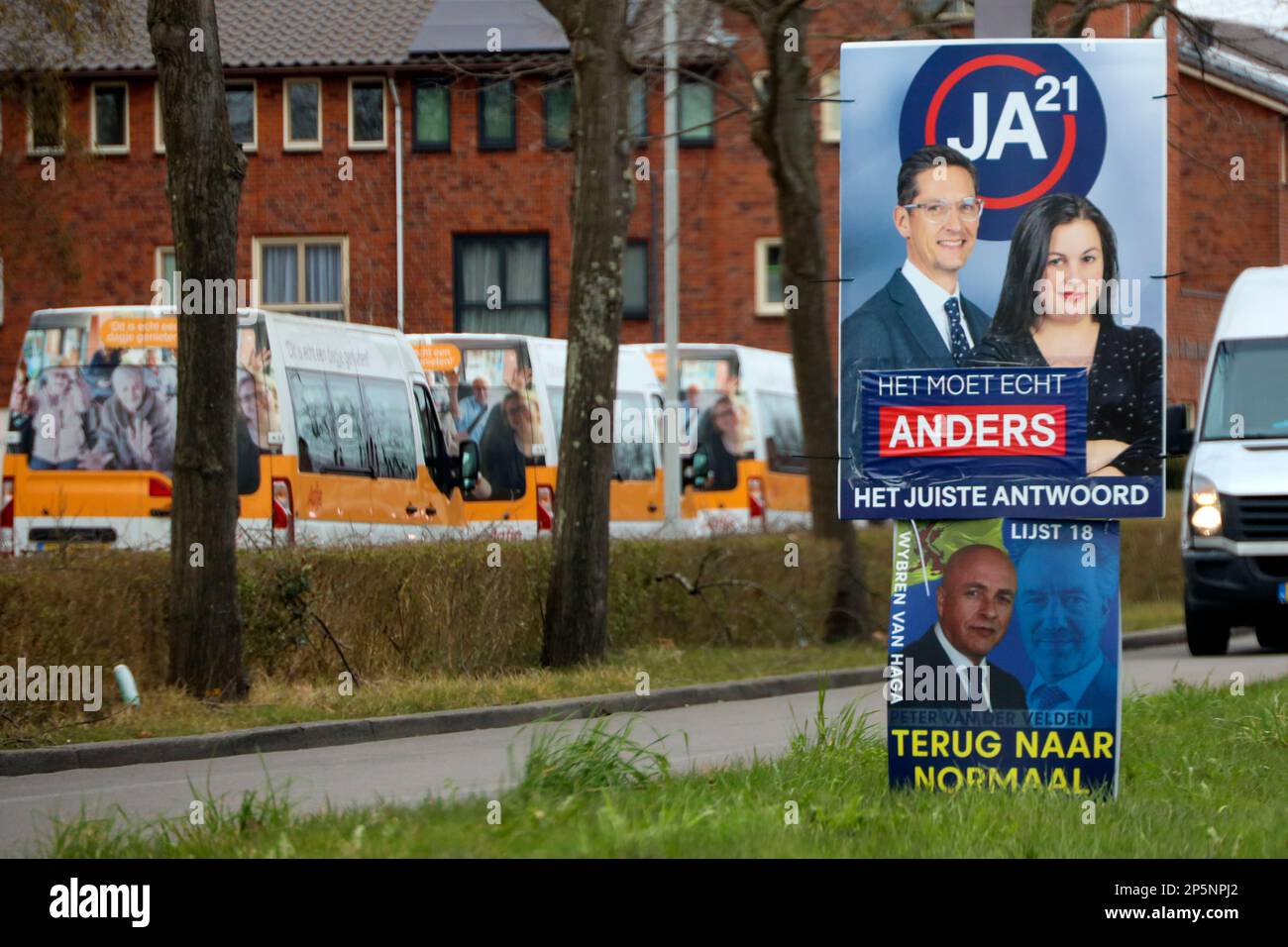 Netherlands, March 2023 -Board with election posters for the provincial and water board elections in the Netherland for JA21 and BVNL party Stock Photo
