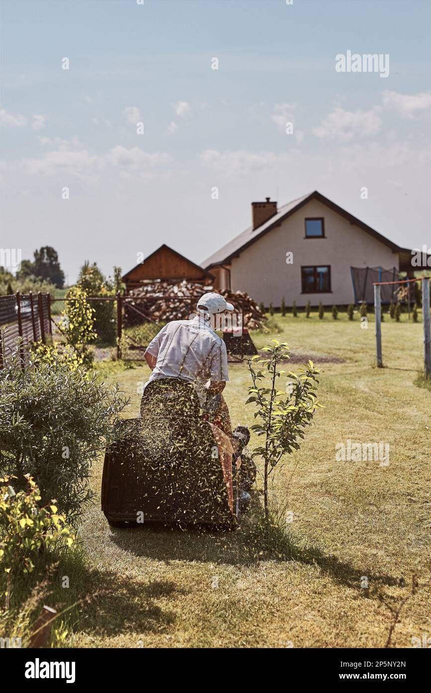 Man mowing his lawn using riding lawnmower. Man maintaining grass in ...