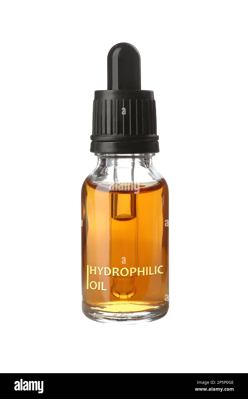 Bottle of hydrophilic oil isolated on white. Makeup remover Stock Photo