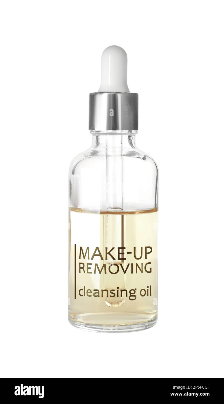 Bottle of hydrophilic oil isolated on white. Makeup remover Stock Photo