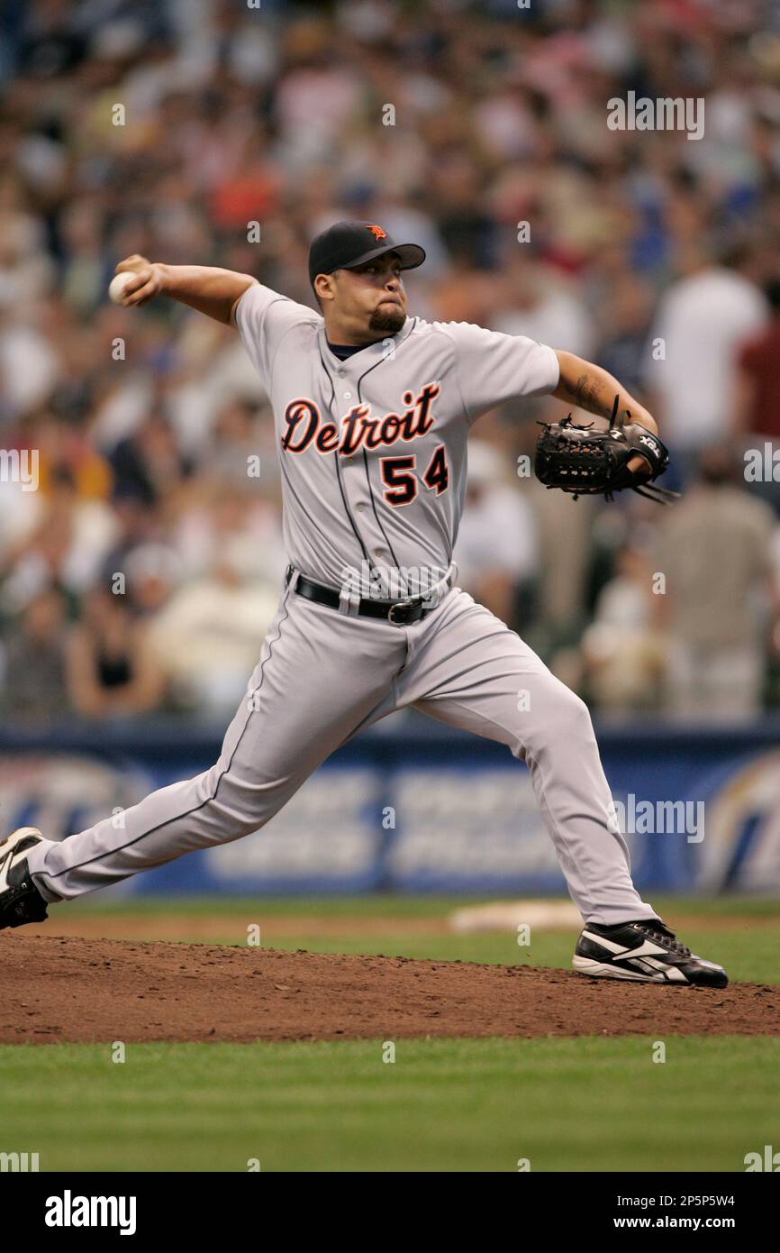 MILWAUKEE - JUNE 21: Joel Zumaya #54 of the Detroit Tigers pitches the  baseball during the game against the Milwaukee Brewers at Miller Park on  June 21, 2006 in Milwaukee, Wisconsin. The