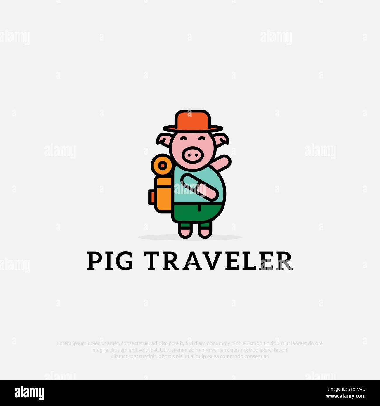 Pink piggy bank wear hat with travel bag logo designs . The creative concept of traveling. cute animal cartoon vector flat style illustration Stock Vector